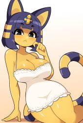 Rule 34 | 1girl, animal crossing, animal ears, ankha (animal crossing), blue hair, breasts, cat ears, cat girl, cat tail, cleavage, daigada, large breasts, lying, nintendo, on side, skirt, solo, tail