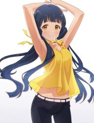 Rule 34 | 1girl, armpits, arms on head, arms up, bare arms, belt, belt buckle, black hair, black pants, blunt bangs, blush, breasts, buckle, cleavage, highres, idolmaster, idolmaster million live!, kitakami reika, long hair, looking at viewer, medium breasts, pants, shirt, simple background, sleeveless, smile, solo, twintails, user xswt8747, white background, yellow eyes, yellow shirt