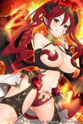 Rule 34 | 1girl, :q, adzuma nishi, bat wings, breast rest, breasts, bridal gauntlets, choker, company name, copyright name, demon girl, demon horns, demon wings, earrings, fiery background, finger to mouth, fire, gem, horns, jewelry, large breasts, long hair, lots of jewelry, nail polish, navel, original, pointy ears, red eyes, red hair, revealing clothes, shinki kakusei melty maiden, smile, solo, tongue, tongue out, twintails, v-shaped eyebrows, wings