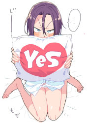 Rule 34 | 1boy, bad id, bad pixiv id, barefoot, blue eyes, blush, covering face, covering own mouth, full body, heart, long hair, looking at viewer, male focus, no pants, pillow, purple hair, simple background, sitting, sketch, speech bubble, toudou jinpachi, unbuttoned, wariza, yamadi, yes, yes-no pillow, yowamushi pedal