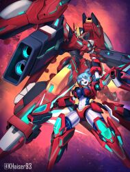 Rule 34 | 1girl, :d, absurdres, android, blue eyes, blue hair, breasts, clenched hands, commentary, dual wielding, english commentary, gun, highres, holding, holding gun, holding weapon, khaizer, large breasts, looking ahead, looking at viewer, mecha, mecha musume, metal skin, navel, open mouth, original, ponytail, robot, science fiction, smile, twitter username, v-fin, weapon