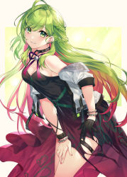 Rule 34 | 1girl, ahoge, bare shoulders, black dress, black gloves, braid, breasts, cleavage, commentary request, dress, ear piercing, gloves, green hair, hair between eyes, half gloves, highres, jacket, leaning forward, long hair, looking at viewer, medium breasts, morinaka kazaki, mosomoso, multicolored hair, nijisanji, off shoulder, open clothes, open jacket, parted lips, piercing, pink hair, red hair, single glove, smile, solo, studded bracelet, torn clothes, torn dress, two-tone hair, very long hair, virtual youtuber, white jacket