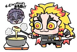 2boys :3 :d akaza_(kimetsu_no_yaiba) bkub blonde_hair blush bright_pupils cape chibi chibi_only closed_mouth colored_eyelashes colored_tips demon_slayer_uniform dot_nose forked_eyebrows katana kimetsu_no_yaiba long_hair male_focus mismatched_eyebrows multicolored_hair multiple_boys open_mouth pink_hair red_eyes red_hair rengoku_kyoujurou scabbard sheath short_hair simple_background smile sword text_in_eyes translation_request two-tone_eyes two-tone_hair weapon white_background white_pupils yellow_eyes