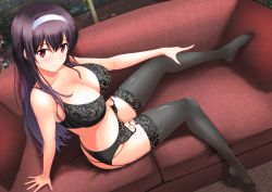 Rule 34 | 1girl, arm at side, bare shoulders, black bra, black panties, black thighhighs, blush, bra, breasts, cleavage, closed mouth, collarbone, commentary request, couch, fingernails, garter belt, garter straps, hair between eyes, hairband, highres, kasumigaoka utaha, lace, lace-trimmed bra, lace-trimmed legwear, lace-trimmed panties, lace trim, large breasts, lingerie, long hair, looking at viewer, nail polish, navel, night, on couch, panties, pink nails, purple hair, red eyes, saenai heroine no sodatekata, satou chagashi, see-through, sidelocks, sitting, smile, solo, stomach, thighhighs, underwear, underwear only, white hairband, window