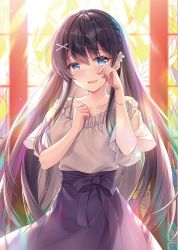 Rule 34 | 1girl, black hair, black skirt, blue eyes, blush, braid, collarbone, crying, crying with eyes open, flower, frilled shirt collar, frills, hair flower, hair ornament, hairclip, hand up, indoors, kagachi saku, long hair, looking at viewer, open mouth, original, rubbing eyes, shirt, short sleeves, skirt, smile, solo, stained glass, standing, sunlight, tears, white shirt, window, wiping tears