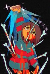 Rule 34 | 1other, arm up, blood, blood on clothes, blood on face, bloodshot eyes, blue shorts, blue sweater, bone, brown hair, food, frisk (undertale), guro, highres, holding, holding food, injury, intestines, long sleeves, pie, short hair, shorts, solo, stab, striped clothes, striped sweater, sweater, undertale, vellmori