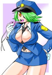 Rule 34 | 1girl, bare legs, belted, belted dress, between breasts, bit, blush, breasts, clasped dress, clothes between breasts, dress, eyepatch, gloves, gradient background, green hair, hair over one eye, hat, highres, impossible clothes, impossible shirt, kbit, large breasts, necktie, open mouth, orange eyes, otonashi kiruko, panties, pantyshot, pink background, ringed eyes, shinmai fukei kiruko-san, shirt, short hair, simple background, skirt, smile, solo, tight clothes, tight dress, underwear, uniform, upskirt, white background, white panties