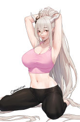 Rule 34 | 1girl, absurdres, arknights, armpit crease, armpits, arms up, barefoot, black pants, breasts, cleavage, cocoro moto, crop top, feet, full body, hair between eyes, hand in own hair, high ponytail, highres, horns, large breasts, lips, long hair, midriff, mole, mole on breast, navel, nose, pants, parted lips, pink tank top, pointy ears, ponytail, red eyes, shining (arknights), sideboob, sidelocks, simple background, sitting, skin tight, solo, sweat, tank top, very long hair, wariza, white background, white hair, white horns, yoga pants