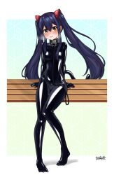 1girl absurdres alternate_costume battlebunny black_bodysuit blue_hair blush bodysuit brown_eyes collar fairy_tail highres latex latex_bodysuit leash long_hair looking_at_viewer metal_collar signature sitting solo tail twintails wendy_marvell