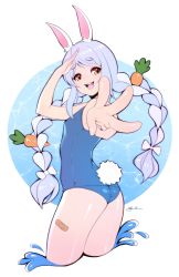 Rule 34 | 1girl, animal ear fluff, animal ears, blue hair, blue one-piece swimsuit, braid, breasts, carrot hair ornament, food-themed hair ornament, hair ornament, highres, hololive, its just suppi, long hair, multicolored hair, old school swimsuit, one-piece swimsuit, orange eyes, rabbit ears, rabbit girl, rabbit tail, school swimsuit, short eyebrows, small breasts, solo, swimsuit, tail, thick eyebrows, twin braids, twintails, two-tone hair, usada pekora, virtual youtuber, white hair