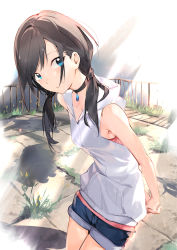 Rule 34 | 1girl, absurdres, aida (chinhung0612), amano hina (tenki no ko), arms behind back, bare arms, bare shoulders, bent over, black choker, black hair, blue eyes, choker, collarbone, concrete, cowboy shot, denim, denim shorts, eyes visible through hair, flower, highres, hood, hood down, hoodie, jewelry, light rays, looking at viewer, low twintails, medium hair, outdoors, own hands clasped, own hands together, pendant, railing, rain, rooftop, rust, shorts, sleeveless, sleeveless hoodie, smile, solo, sunbeam, sunlight, tenki no ko, twintails