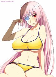 Rule 34 | 1girl, bandaged head, bandages, bikini, breasts, cleavage, clenched hand, commentary request, fate/grand order, fate (series), florence nightingale (chaldea lifesavers) (fate), florence nightingale (fate), hand up, highres, large breasts, long hair, looking at viewer, mattari yufi, navel, pink hair, red eyes, side-tie bikini bottom, smile, solo, swimsuit, twitter username, upper body