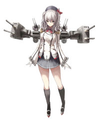 Rule 34 | 1girl, anchor, anti-aircraft, anti-aircraft gun, beret, black hat, black socks, blue eyes, breasts, buttons, cannon, collared shirt, epaulettes, frilled sleeves, frills, full body, gloves, grey eyes, grey shirt, grey skirt, hair between eyes, hat, jacket, kantai collection, kashima (kancolle), kerchief, kneehighs, large breasts, long hair, long sleeves, looking at viewer, machinery, military, military uniform, miniskirt, neckerchief, pleated skirt, rigging, searchlight, seven (shijima), shirt, silver hair, simple background, skirt, socks, solo, turret, twintails, uniform, wavy hair, white background, white gloves, white jacket