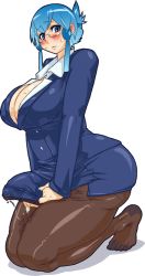 Rule 34 | 1girl, ass, blue hair, blush, breasts, bulge, business suit, cleavage, curvy, erection, erection under clothes, formal, futanari, glasses, huge breasts, nezunezu, office lady, original, pantyhose, pencil skirt, penis, plump, skirt, skirt suit, solo, suit, thick thighs, thighs