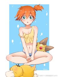 Rule 34 | 1girl, artist request, asymmetrical hair, bare arms, bare shoulders, blush, breasts, cowboy shot, creatures (company), game freak, gen 1 pokemon, gym leader, highres, looking at viewer, misty (pokemon), navel, nintendo, orange hair, panties, pants, pokemon, pokemon (anime), pokemon (classic anime), pokemon (creature), ponytail, psyduck, shirt, short hair, side ponytail, solo, source request, staryu, strap slip, tank top, underwear, weibo watermark