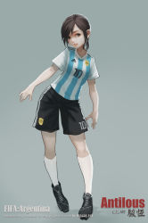 Rule 34 | 1girl, 2018 fifa world cup, adidas, antilous, argentina, argentinian flag, argentinian flag print, black shorts, brown hair, flag print, full body, grey background, grey eyes, numbers&#039; uniform, open mouth, original, shirt, shoes, short hair, short sleeves, shorts, simple background, smile, sneakers, soccer, soccer uniform, solo, sportswear, striped clothes, striped shirt, vertical-striped clothes, vertical-striped shirt, watermark, white legwear, world cup
