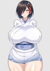 Rule 34 | 1girl, action taimanin, black hair, blue eyes, breasts, censored, embarrassed, female pubic hair, hair over one eye, hamachi (hamachi), highres, huge breasts, japanese clothes, kimono, looking at viewer, momochi nagi, mosaic censoring, no panties, pubic hair, pussy, pussy peek, sash, short hair, simple background, solo, sweatdrop, tagme, taimanin (series), white kimono