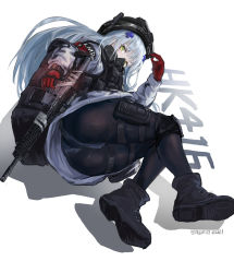 Rule 34 | 1girl, absurdres, ass, assault rifle, backpack, bag, boots, character name, commentary, fang hk416 (girls frontline), gas mask, girls&#039; frontline, gloves, green eyes, gun, h&amp;k hk416, hair ornament, helmet, highres, hk416 (fang) (girls&#039; frontline), hk416 (girls&#039; frontline), last man battalion, long hair, long sleeves, looking at viewer, lying, mask, military, official alternate costume, on side, panties, panties under pantyhose, pantyhose, pouch, red gloves, rifle, rogue division agent, sawkm, silver hair, thigh pouch, tom clancy&#039;s the division, underwear, uniform, weapon, white background, winter uniform