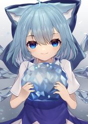 Rule 34 | 1girl, :3, absurdres, ahoge, animal ears, blue dress, blue eyes, blue hair, cat ears, cirno, dress, gradient background, highres, hinata (user rjkt4745), holding, ice, ice wings, kemonomimi mode, looking at viewer, short hair, simple background, smile, solo, touhou, wings
