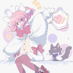 Rule 34 | 1girl, adapted costume, akemi homura, animalization, black cat, bow, brown pantyhose, capelet, cat, chinese commentary, commentary request, fur-trimmed sleeves, fur capelet, fur trim, hair bow, heart, highres, kaname madoka, mahou shoujo madoka magica, mahou shoujo madoka magica (anime), medium hair, neck ribbon, notice lines, open mouth, pantyhose, pink eyes, pink hair, pink ribbon, purple ribbon, ribbon, smile, sparkle, spoken heart, tukiliii, twintails, white bow, white capelet