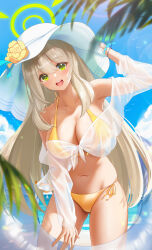 Rule 34 | 1girl, arm up, armpits, bare shoulders, bikini, blonde hair, blue archive, blurry, breasts, cleavage, cowboy shot, day, depth of field, front-tie bikini top, front-tie top, green eyes, halo, halterneck, hat, highres, innertube, large breasts, liu liaoliao, long hair, long sleeves, looking at viewer, navel, nonomi (blue archive), nonomi (swimsuit) (blue archive), off shoulder, official alternate costume, open mouth, outdoors, see-through, side-tie bikini bottom, smile, solo, stomach, string bikini, sun hat, swim ring, swimsuit, thighs, very long hair, white hat, yellow bikini