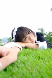 Rule 34 | asian, chocoball, cosplay photo, glasses, grass, lying, maid, photo (medium), solo