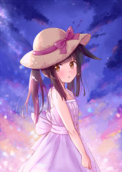 Rule 34 | 1girl, animal ears, azur lane, black hair, blunt bangs, blurry, brown eyes, collarbone, commentary request, depth of field, dress, ear down, eyes visible through hair, fox ears, from side, hat, head tilt, long hair, looking at viewer, looking to the side, m ko (maxft2), nagato (azur lane), parted lips, sidelocks, solo, straw hat, twilight, twintails, white dress