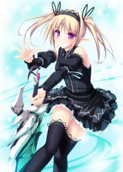 Rule 34 | 1girl, bare shoulders, black thighhighs, blonde hair, blush, detached sleeves, dress, hairband, highres, original, outstretched hand, pointy ears, purple eyes, smile, solo, sword, tenmaso, thigh gap, thighhighs, twintails, weapon, zettai ryouiki