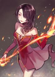 Rule 34 | 1girl, bad id, bad twitter id, breasts, cinder fall, cleavage, commentary request, dress, ecru, fire, hair over one eye, magic, nail polish, red dress, rwby, sleeveless, sleeveless dress, solo