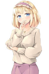 Rule 34 | 1girl, alice margatroid, arnest, beige sweater, blonde hair, blue eyes, blush, breasts, casual, collarbone, hairband, hand on own elbow, hand to own mouth, heart, heart necklace, highres, jewelry, lolita hairband, long sleeves, looking at viewer, medium breasts, necklace, purple skirt, short hair, skirt, smile, solo, sweater, touhou, white background