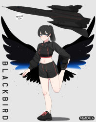 Rule 34 | 1girl, aircraft, airplane, artist name, atamonica, black footwear, black hair, black shorts, black sweater, blue eyes, commentary, english commentary, full body, high ponytail, looking at viewer, medium hair, midriff, navel, original, personification, ponytail, shoes, shorts, sneakers, solo, sportswear, sr-71 blackbird, standing, standing on one leg, sweater, vehicle and personification