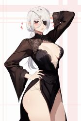 Rule 34 | 1girl, absurdres, arm behind head, arm up, bare legs, black dress, black eyes, breasts, chainsaw man, cleavage, cowboy shot, dress, eyepatch, heart, highres, lace, lips, long hair, looking at viewer, low neckline, medium breasts, ms tsukii, pale skin, parted lips, ponytail, quanxi (chainsaw man), side slit, sideboob, solo, standing, white hair