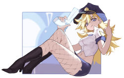 Rule 34 | 1girl, absurdres, blonde hair, blue eyes, blue skirt, boots, boridongja, breasts, collared shirt, ear piercing, eyelashes, foot out of frame, gun, hair between eyes, handgun, hat, high heel boots, high heels, highres, holding, holding weapon, knees up, looking at viewer, medium breasts, middle finger, panty &amp; stocking with garterbelt, panty (psg), pantyhose, pencil skirt, piercing, police, police hat, police uniform, policewoman, shirt, side slit, sitting, skirt, smirk, solo, stomach, thick eyelashes, uniform, v-shaped eyebrows, wavy hair, weapon, white shirt
