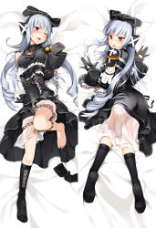 Rule 34 | 1girl, ass, barefoot, between breasts, black dress, black socks, blue hair, blush, breasts, chain, cosmic break, cosmic break 2, dakimakura (medium), dress, drill hair, feet, frills, gothic lolita, hairband, ivis, kneehighs, lolita fashion, long hair, looking at viewer, looking back, lying, multiple views, no shoes, nose blush, on back, on stomach, one eye closed, open mouth, red eyes, see-through, single sock, socks, soles, toes, very long hair, wakaba sprout