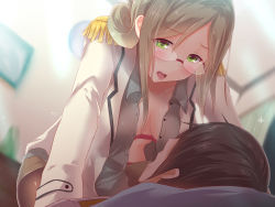 Rule 34 | 1boy, 1girl, admiral (kancolle), blush, bra, breasts, commentary, commentary request, double-breasted, epaulettes, folded ponytail, full body, girl on top, glasses, green eyes, grey hair, highres, kantai collection, katori (kancolle), koumei (twinameless), long hair, medium breasts, open clothes, open mouth, panties, pantyhose, straddling, sweat, tongue, tongue out, underwear