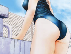 Rule 34 | 00s, 1girl, ass, breasts, chain-link fence, close-up, cropped, day, fence, from behind, from below, head out of frame, kobayashi hiyoko, medium breasts, oku-sama wa joshi kousei, one-piece swimsuit, onohara asami, outdoors, pool, poolside, reversed, school swimsuit, solo, standing, starting block, swimsuit, wallpaper, wet