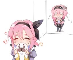 Rule 34 | 2girls, ^ ^, anger vein, arknights, biting, black hairband, blush, chibi, closed eyes, commentary request, crying, goldenglow (arknights), grey jacket, hair between eyes, hairband, highres, holding, holding stuffed toy, jacket, long sleeves, multiple girls, open clothes, open jacket, pink hair, pudding (arknights), short hair, simple background, stuffed animal, stuffed seal, stuffed toy, tears, thick eyebrows, white background, yunweishukuang