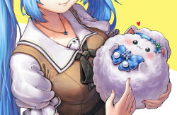 Rule 34 | 1girl, black ribbon, blue hair, brown dress, closed mouth, creature, dress, gooster, head out of frame, heart, highres, holding, holding creature, hololive, long hair, nail polish, neck ribbon, petting, pink nails, puffy short sleeves, puffy sleeves, ribbon, short sleeves, simple background, smile, solo, twintails, virtual youtuber, yukihana lamy, yukihana lamy (casual), yukimin (yukihana lamy)