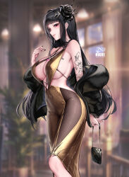 1girl absurdres arm_tattoo bare_shoulders black_hair black_jacket blunt_bangs blurry blurry_background blush breasts cian_yo commentary covered_navel d_(killer_wife)_(nikke) d_(nikke) dress earrings english_commentary goddess_of_victory:_nikke hair_ornament hand_up highres holding jacket jewelry large_breasts nail_polish off_shoulder parted_lips red_eyes smile solo standing tattoo thighs two-tone_dress yellow_dress