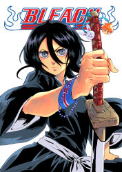 Rule 34 | 1girl, arm at side, black hair, black kimono, bleach, chappy, character print, closed mouth, commentary, copyright name, cowboy shot, double-parted bangs, eyelashes, floating clothes, floating hair, foreshortening, frown, grey eyes, hair between eyes, hand up, highres, holding, holding sword, holding weapon, japanese clothes, katana, kimono, kuchiki rukia, kurosaki ichigo, long sleeves, looking at viewer, medium hair, sash, scene reference, scrunchie, serious, simple background, solo, sword, tsurime, v-shaped eyebrows, weapon, white background, white sash, wide sleeves, wrist scrunchie, yshjsw