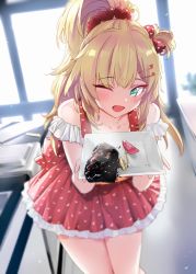 Rule 34 | 1girl, akai haato, alternate costume, aqua eyes, bad food, bare shoulders, blonde hair, collarbone, commentary request, dress, food, frilled dress, frills, goshiki suzu, hair ornament, hair scrunchie, heart, heart print, highres, holding, holding plate, hololive, indoors, kitchen, leaning forward, legs together, long hair, looking at viewer, meat, one eye closed, one side up, open mouth, plate, ponytail, scrunchie, smile, solo, standing, stove, virtual youtuber, waitress