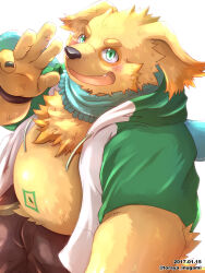 Rule 34 | 1boy, animal ears, bara, black nails, blue scarf, blush, brown pants, cu sith (housamo), dog boy, dog ears, fang, furry, furry male, green eyes, highres, jacket, looking at viewer, male focus, navel, open clothes, open jacket, open mouth, pants, scarf, solo, thick eyebrows, tokyo houkago summoners, toraya inugami, white background