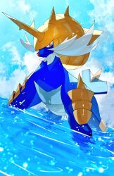 animal_focus armor blue_theme cloud creatures_(company) game_freak gen_5_pokemon horns nintendo no_humans orange_eyes pokemon pokemon_(creature) samurott sky smile spikes water zeroartwo