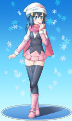 Rule 34 | 1girl, black shirt, black thighhighs, blue background, blue eyes, blue hair, boots, commentary request, creatures (company), dawn (pokemon), detached sleeves, els (ljhlee12), game freak, hat, korean commentary, long legs, miniskirt, nintendo, pink footwear, pink skirt, pokemon, pokemon dppt, scarf, shirt, skirt, sleeveless, snowflakes, solo, thighhighs, zettai ryouiki