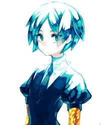 Rule 34 | 1other, absurdres, androgynous, aqua eyes, aqua hair, blue hair, colored eyelashes, crystal hair, eyes visible through hair, gem uniform (houseki no kuni), golden arms, green eyes, hanabata0320, highres, houseki no kuni, looking at viewer, necktie, other focus, phosphophyllite, short hair, simple background, solo, spoilers, white background
