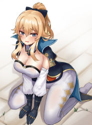 Rule 34 | 1girl, absurdres, between legs, black bow, black gloves, blonde hair, blue eyes, bow, breasts, cape, cleavage, detached sleeves, genshin impact, gloves, hair between eyes, hair bow, hand between legs, high ponytail, highres, jean (genshin impact), kneeling, large breasts, long hair, looking at viewer, no shoes, onedoo, open mouth, pants, ponytail, sidelocks, simple background, solo, sweat, tight clothes, white pants