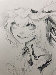 Rule 34 | 1girl, ascot, brooch, eyebrows hidden by hair, eyelashes, fangs, flandre scarlet, frilled shirt collar, frills, hair between eyes, hat, heart, highres, jewelry, johnalay, mob cap, monochrome, nostrils, one side up, portrait, sketch, smile, solo, touhou, traditional media