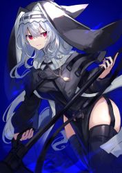 Rule 34 | 1girl, arknights, black dress, black hat, black thighhighs, blue background, circular saw, commentary request, cowboy shot, dress, garter straps, grey hair, hat, holding, jewelry, long hair, looking at viewer, necklace, pelvic curtain, red eyes, sasa onigiri, saw, simple background, solo, specter (arknights), thighhighs, thighs, very long hair