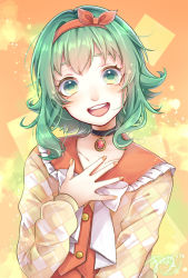 Rule 34 | 1girl, a.i. voice, argyle cardigan, argyle clothes, artist name, black choker, bow, bow headband, buttons, choker, eyebrows hidden by hair, green eyes, green hair, gumi, gumi (a.i. voice), hand on own chest, head tilt, headband, highres, jewelry, long sleeves, looking at viewer, mai mugi, nail polish, open mouth, orange background, orange bow, orange headband, orange nails, orange shirt, orange theme, pendant, pendant choker, shirt, short hair, short hair with long locks, sidelocks, signature, simple background, smile, solo, star (symbol), teeth, upper body, upper teeth only, vocaloid, white bow