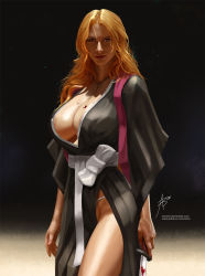 Rule 34 | 1girl, areola slip, arion69, bleach, blonde hair, blood, blood on breasts, breasts, cleavage, hair intakes, japanese clothes, jewelry, large breasts, lips, long hair, matsumoto rangiku, necklace, open clothes, orange hair, realistic, solo, sword, weapon